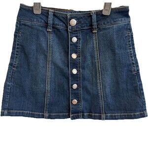 American Eagle Sz 00 Denim Mini Skirt Blue Dark Button Front Jean Stretch Boho